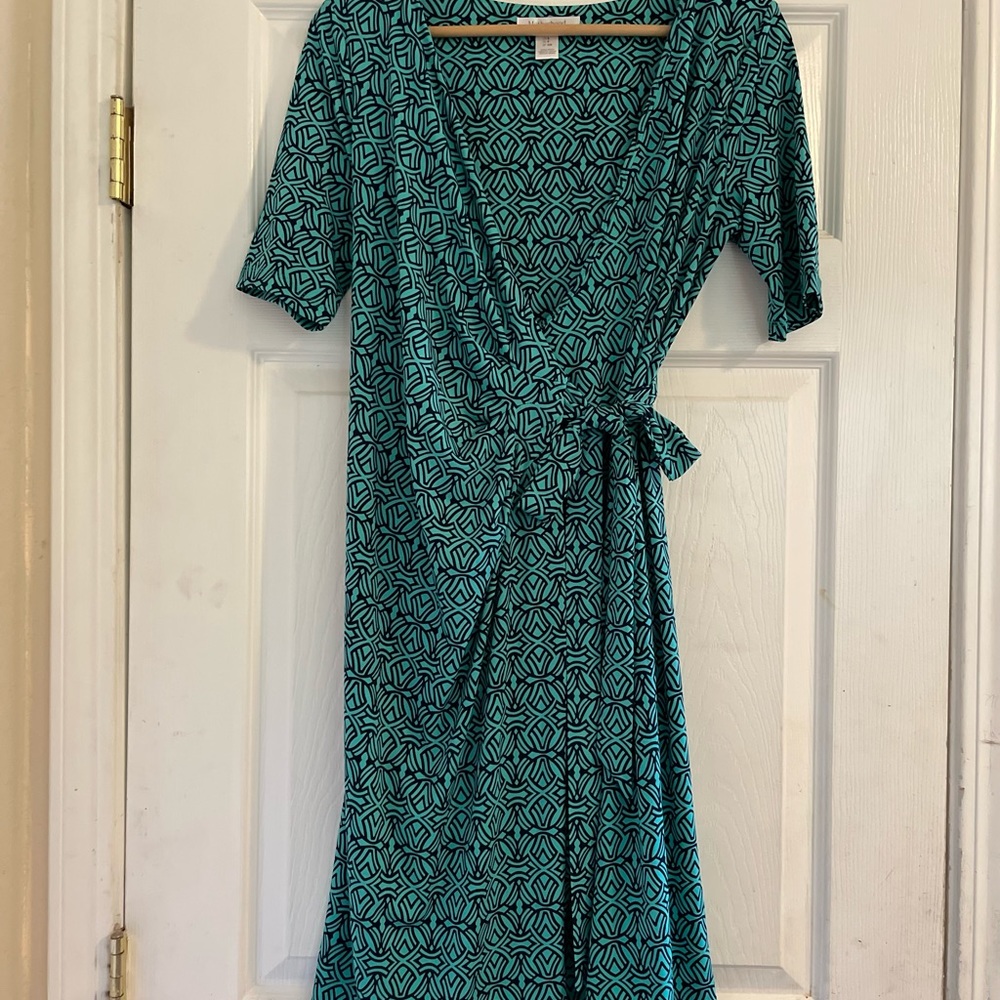 Motherhood Maternity Printed Green Wrap Dress with Ruched Side and Belt